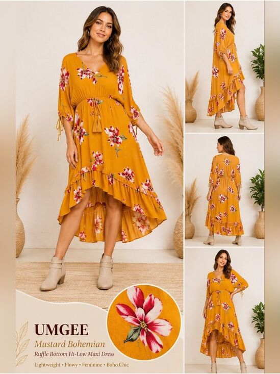 Umgee Dresses & Skirts - UMGEE Mustard Bohemian Ruffle Bottom Hi-Low Maxi Dress | Floral Boho Midi Dress